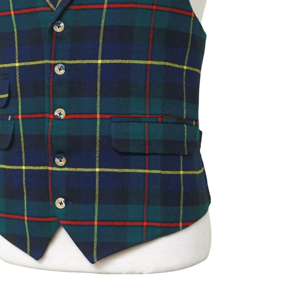 Mens Vest 44R Tartan Plaid Wool Blue Green Yellow Lapel Waistcoat Formal Wedding - Picture 6 of 9